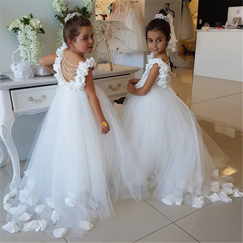 White Lace Flower Girl Dresses Vneck Sash Tulle Pageant First Communion Dresses Prom Ball Gown Princess Baby Girl Party Dresses