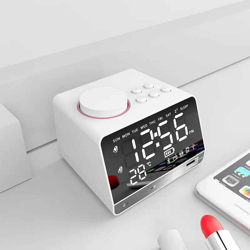 EXRIZU-알람 시계 및 블루투스 스피커 TF 카드 U-디스크 AUX 디지털 미러 디스플레이, FM 라디오베이스 서브 우퍼 사운드 무선 스피커