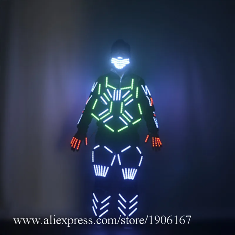 Colorful Led Light Up Dance Ballroom Costumes Led Luminous Robot Men Suit Mask Clothing Led Party Performance Show Outfits Glove