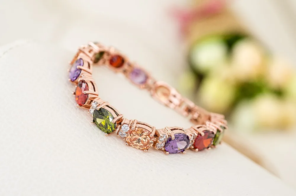 Emmaya Rose Gold Color Luxury Multicolor CZ Stones Cluster Women Bracelet Jewelry Wedding Party Gift