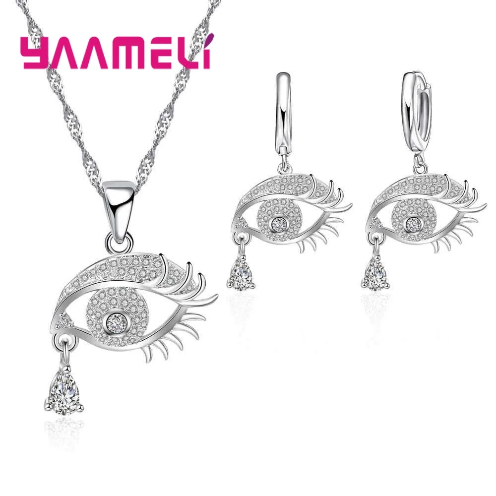 

925 Sterling Silver Color Women Female Jewelry Sets Sexy Beautiful Big Eyes Design Zircons Pendant Necklace Earrings Eyelashes