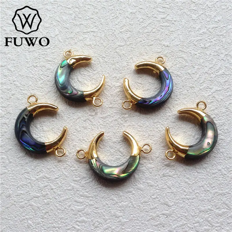 FUWO Wholesale Abalone Shell Crescent Connector,Golden Plated Double Bails Seashell Pendant Accessories Jewelry Maked5Pcs PD557