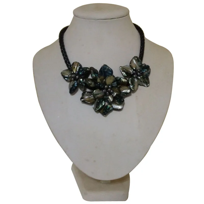 18 inches Natural Leather Cord Three Black Shell Flower &Black Rice Pearl Necklace