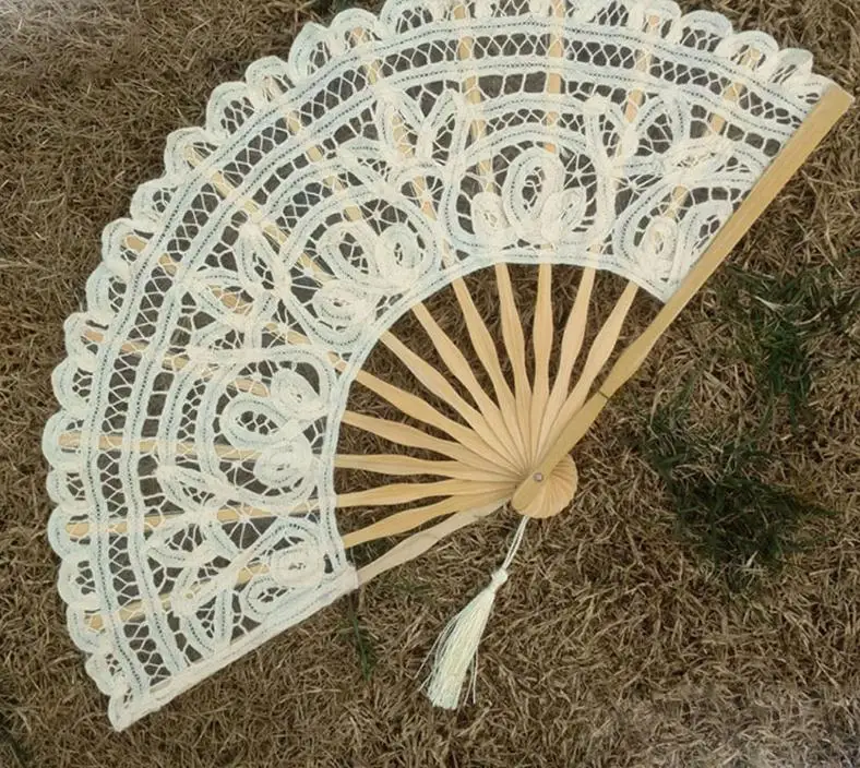 Lace Hand Fan Manual Embroidery Double Deck Folding Fans Beige Wedding Favors For Guest Gifts Arts And Crafts ni209