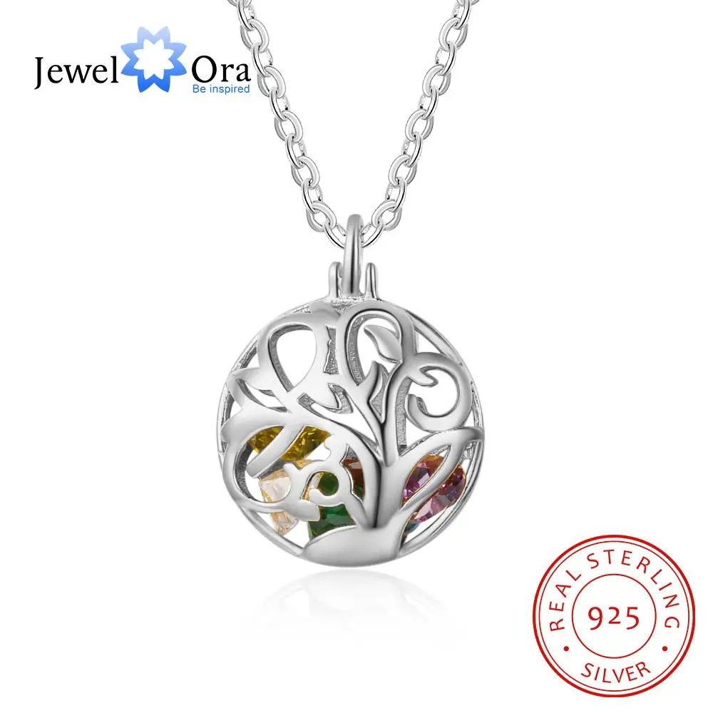 Floral Pattern Hollow With Birthstone Personalized Gifts 925 Sterling Silver Pendant Necklace Women Jewelry (JewelOra NE102636)