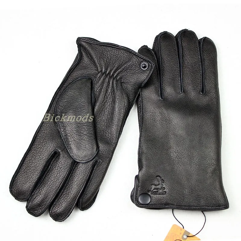 Guantes de piel de venado gruesos y cálidos para hombre, moda de cuero, estilo de costura exterior Simple, forro de franela, puntos de lana finos,