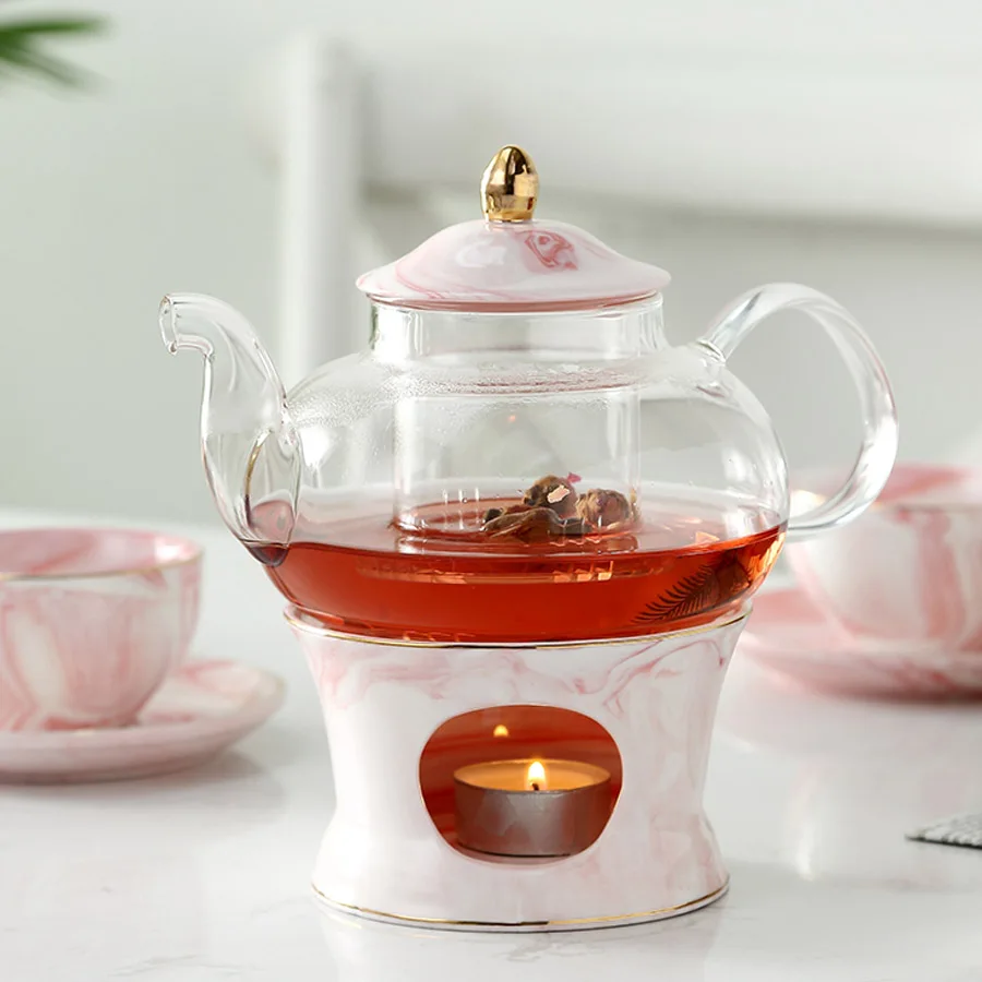 MUZITY Glass Teapot With Ceramic Base Creative Marble Design Tea Pot Tool Kettle Set With Strainer And Candle