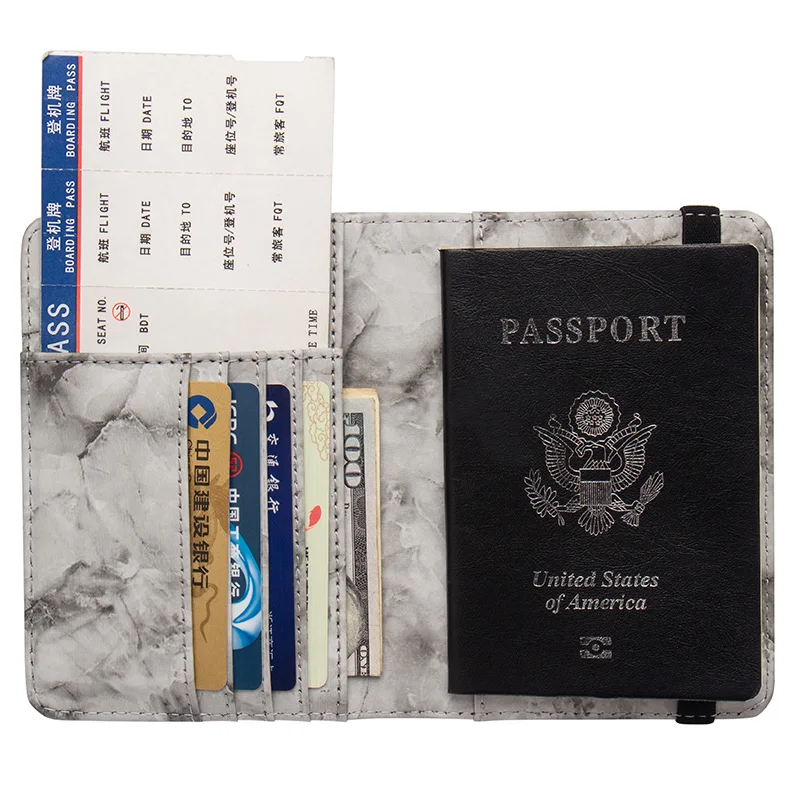 Gray Double-headed marble pu Leather Passport Cover Travel with bandage Bag Passport Case Wallet License Credit Card Holder