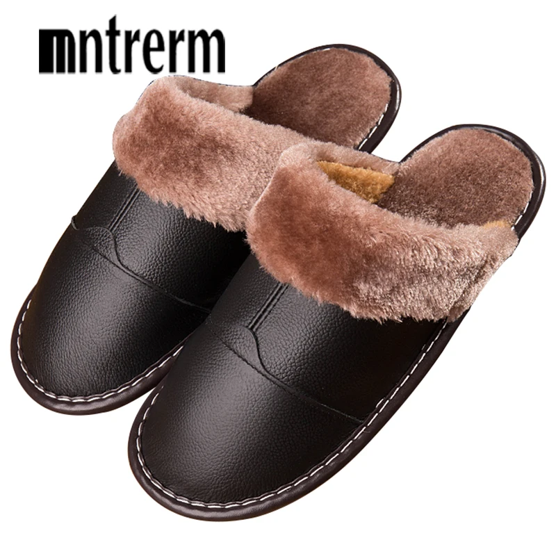 Mntrerm New Winter Men Genuine Leather Slippers Fur Warm Plush Leather Stitching Slides Oxford Flat Man Home Waterproof Shoes