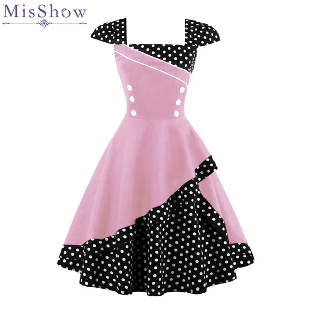 MisShow Women Patchwork Polka Dot Vintage Dress Rockabilly Pink Button Vestidos Hepburn In Stock Party Dresses Plus Size S-4XL