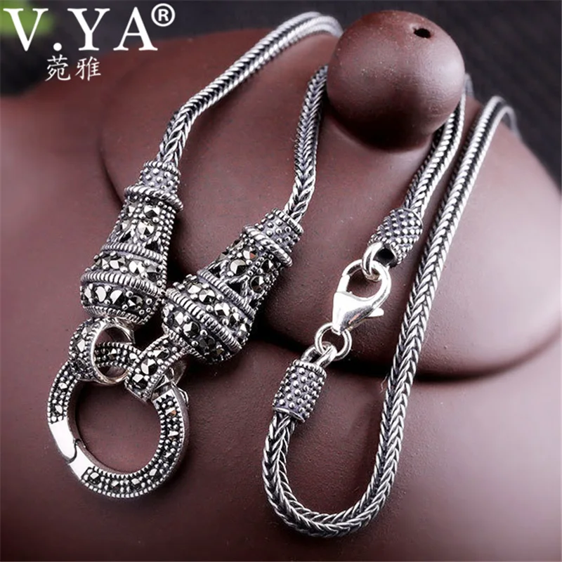 V.YA Thai Silver Long Chain Necklace for Women 925 Sterling Silver Marcasite Stone Pendant Necklaces 1.5mm 60cm 70cm 75cm 80cm