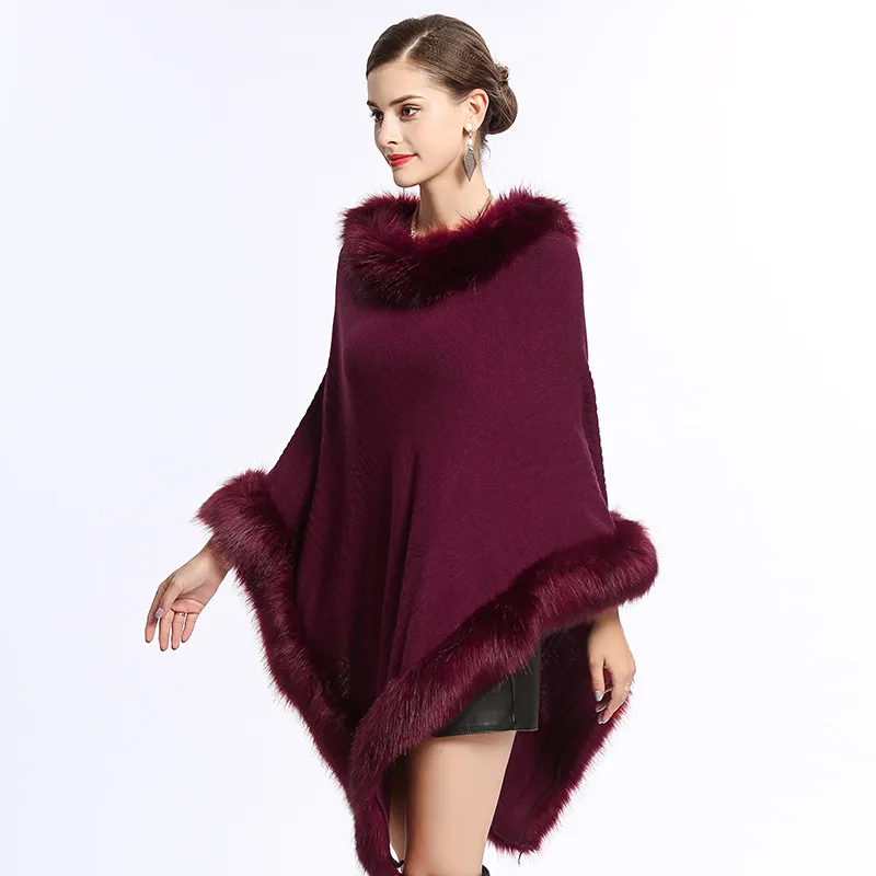 Winter Women Black Faux Cashmere Plus Size Triangle Shawl Outcoat Long Poncho Cape Faux Fox Fur Loose Pullovers Knitwear