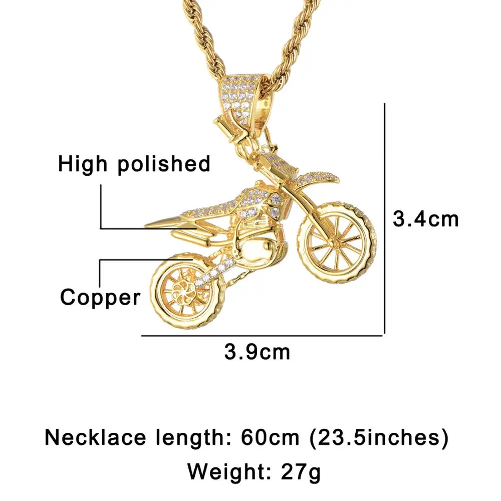 HIP Hop Full AAA Iced Out Bling CZ Cubic Zircon Copper Cool Motorcycle Pendants & Necklaces For Men Jewelry Wholesale