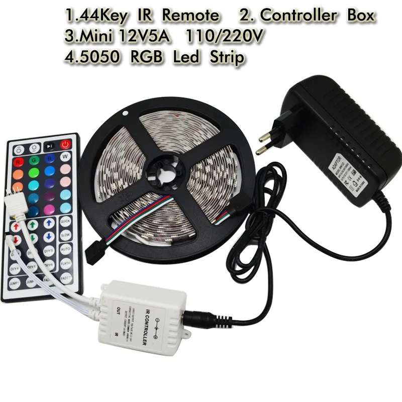 

5050 Led Flexible Strip Light 5M 300led Diode Tape+44Key RGB IR Remote Controller + 5A Power Adapter EU US Plug Home Decor Lamp