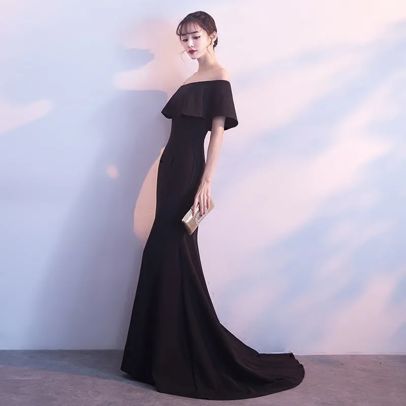 DongCMY Formal Long Black Evening Dress Backless Boat Neck Mermaid Sweep Train Party Women Dresses