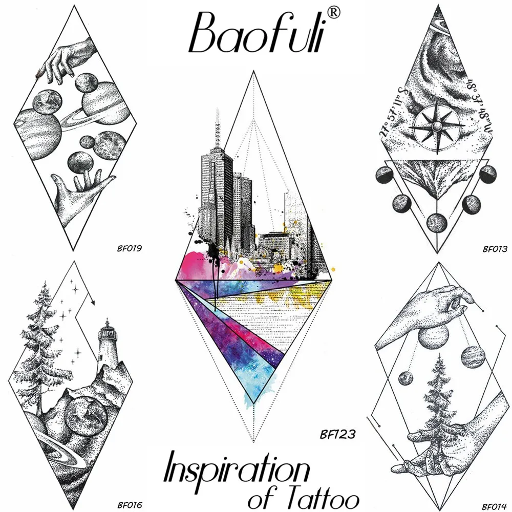 

BAOFULI Geometry Rhombus Temporary Male Tattoo Body Art Painting Arms Legs DIY Tatoos Moden City Watercolor Fake Tattoo Stickers