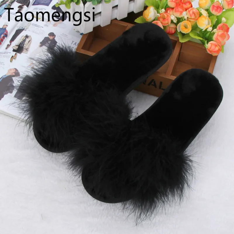 

Taomengsi new winter ostrich fur home slippers thickened plush thick bottom non-slip word cotton BLACK slippers SIZE 36-41