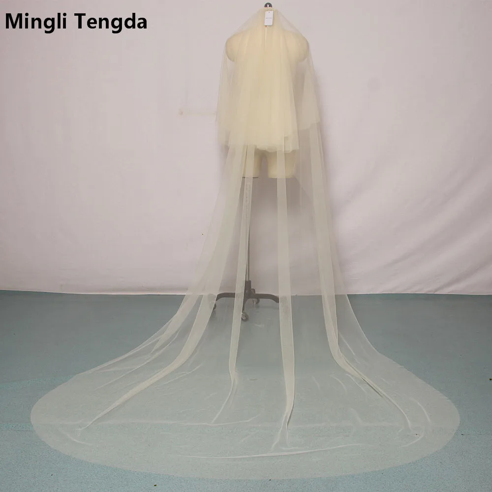 Mingli Tengda Champagne Bridal Veil Two Layers 3 M Wedding Veil Elegant Lady Blusher Veil with Comb Cut Edge Bridal Accessories