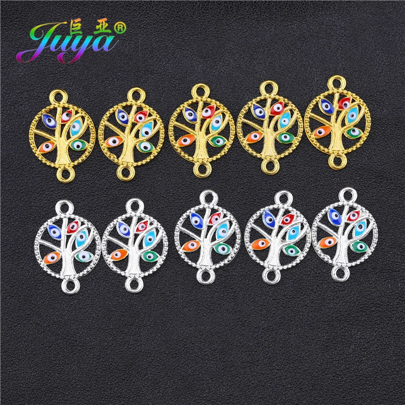 Juya DIY Gold Silver Color Enamel Life Tree Evil Eye Charms Cz Rhinestones Greek Eye Connectors Accessories