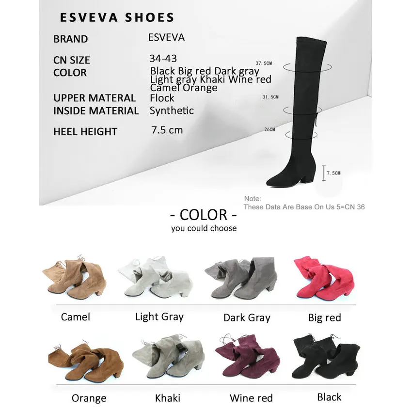 ESVEVA 2020 Over The Knee Boots Winter Round Toe Warm Women Boots Lady Short Plush + Stretch Fabric Fashion Boots Big Size 34-43