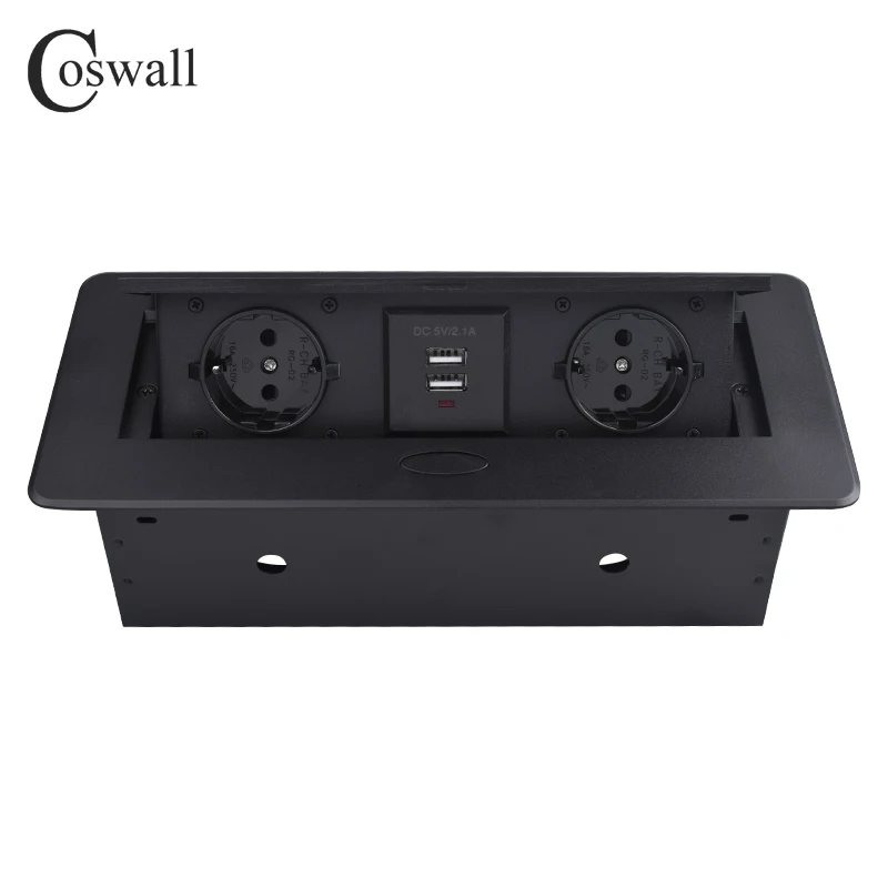 

COSWALL Zinc Alloy Plate 16A Slow POP UP 2 Power EU Socket 2 USB Charge Port 2.1A Table Outlet Matte Black Cover All Metal Body