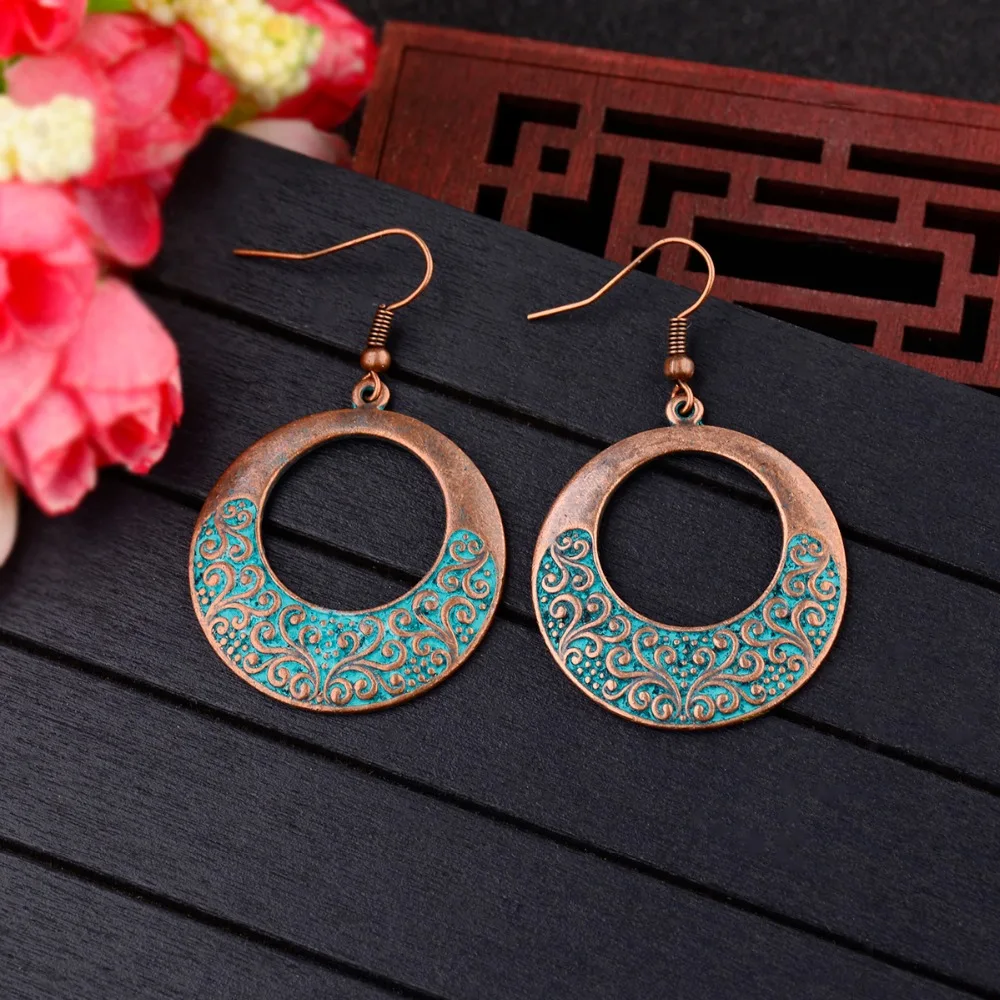 Amader Vintage Geometric Bohemian Bronze Drop Earrings Women Retro Verdigris Round Earrings Eardrop Fashion Jewelry Oorbellen