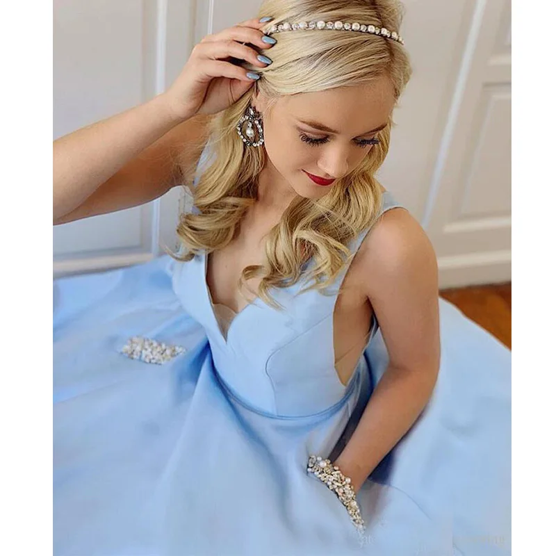 Sky Blue Satin Prom Dresses 2024 Simple Women V Neck Pockets Beaded Pearl A Line Evening Formal Gowns Pleats WALK BESIDE YOU