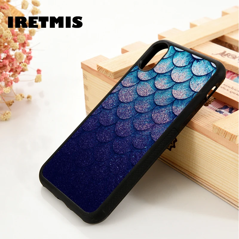 Iretmis 5 5S SE 6 6S Soft TPU Silicone  phone case cover for iPhone 7 8 plus X Xs 11 Pro Max XR Blue Scales Glitter Pattern