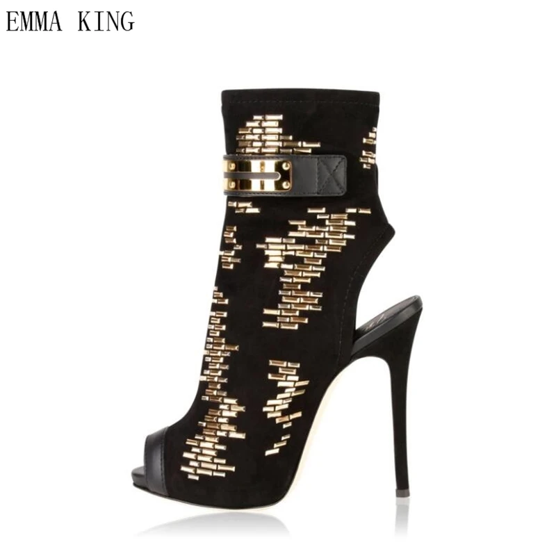 Emma King Peep Toe Buckle Ankle Wrap Summer Sandals Gold Stud Gladiator Heels Bling Embellished Zipper Slingbacks Boots Ladies18