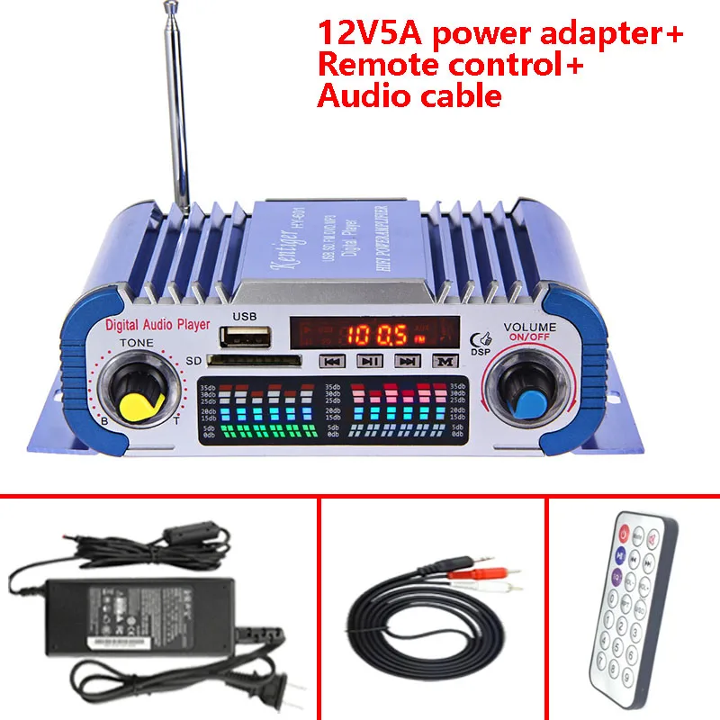 Kentiger HY-601 With 12V5A Power Adapter+Audio Cable+IR Control Digital HI-FI Auto Car Stereo Power Amplifier USB SD Player Dac