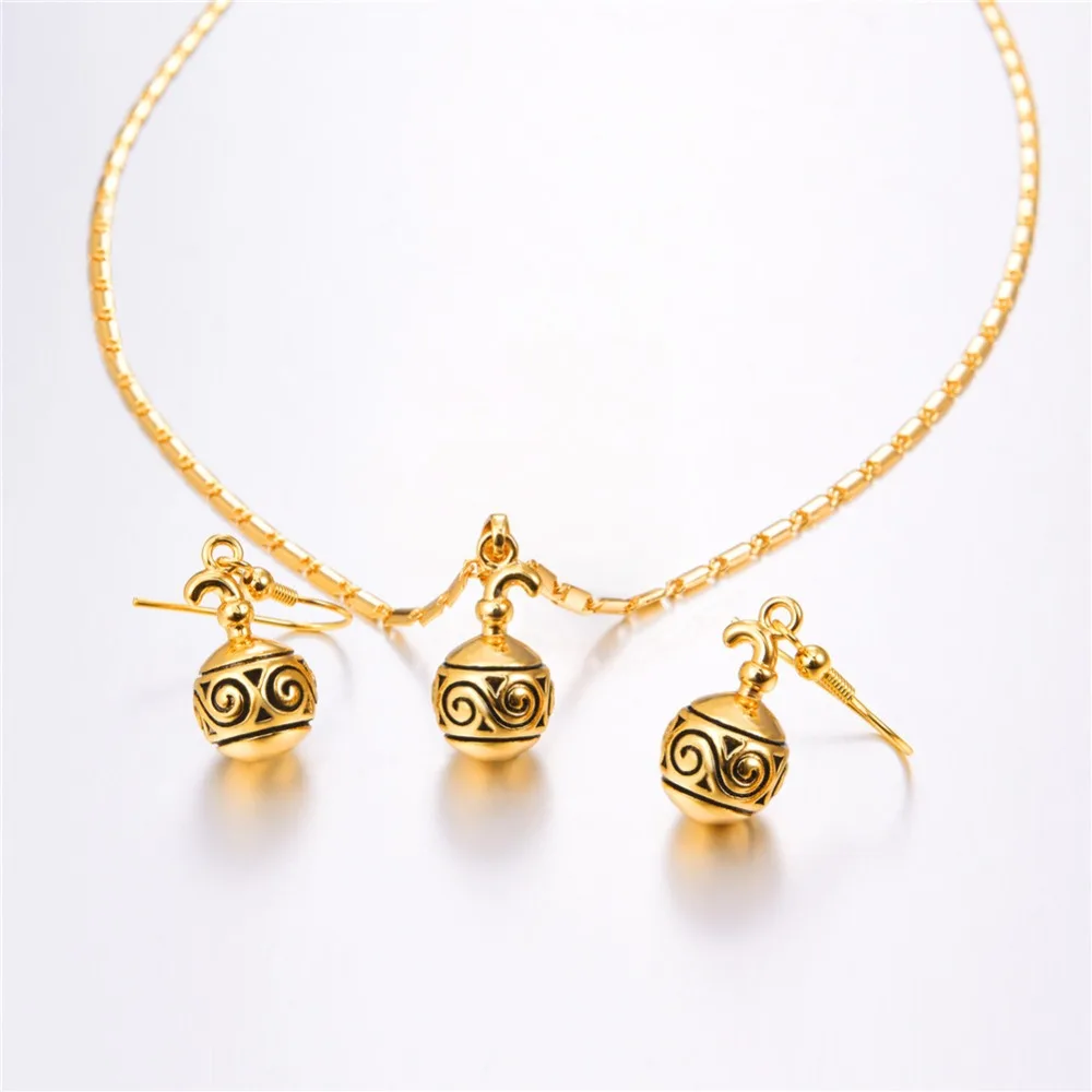 U7 Vintage Pattern Round Ball Pendant Necklace Dangle Earrings Jewelry Set For Women Unique Papua New Guinea Accessories QC24