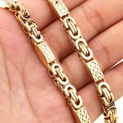 6mm Mens Chain Boy Necklace Gold Color Flat Byzantine Greek Pattern Link Stainless Steel Necklace Wholesale Gift Jewelry