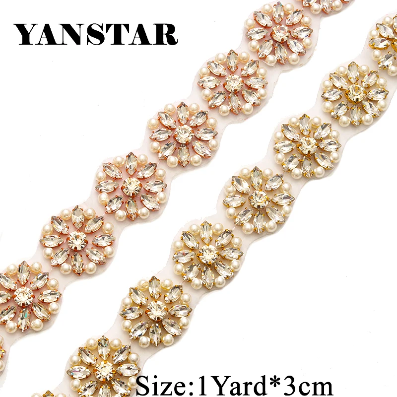 YANSTAR Wholesale Bridal Sash Rhinestones Appliques Trim By The 10 Yard *3cm For Wedding Dress Belts Rose Gold Crystal YS900