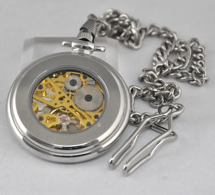 Stainless Steel Mechanical Pocket Watch Transparent Open Face Silver Steampunk Wind up Watch FOB Chain Clock Gift VIGOROSO Brand