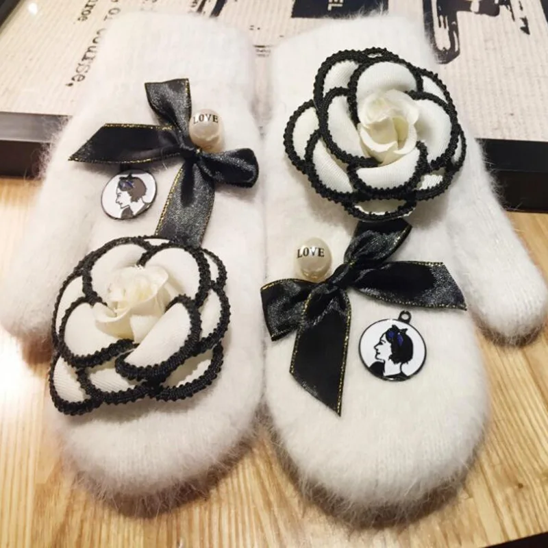 Fashion Lovely Ladies Winter Warm Knit Wool Thicker Cashmere Velvet Mittens Women Rose Pearl Rabbit Hair Full Finger Gloves L73