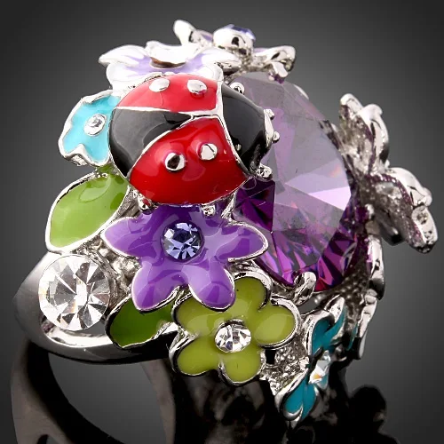 CHRAN Classic Silver Plated Enamel Flower Crystal Wedding Rings for Women Lovely Butterfly Cubic Zirconia Ladies Promised Ring