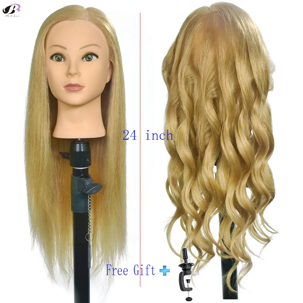 Cabeça de treinamento de cabelo humano 24 ", cabelo humano, manequim, cabeleireiro, estilização, cabeça de treino, 40%