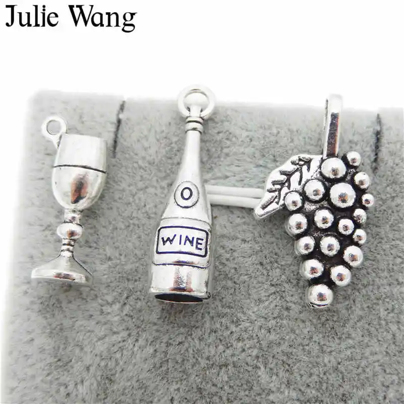 Julie Wang 12PCS Wine Bottle Goblet Grape Set Charms Antique Color Alloy Earrings Bracelet Jewelry Making Pendant Accessory