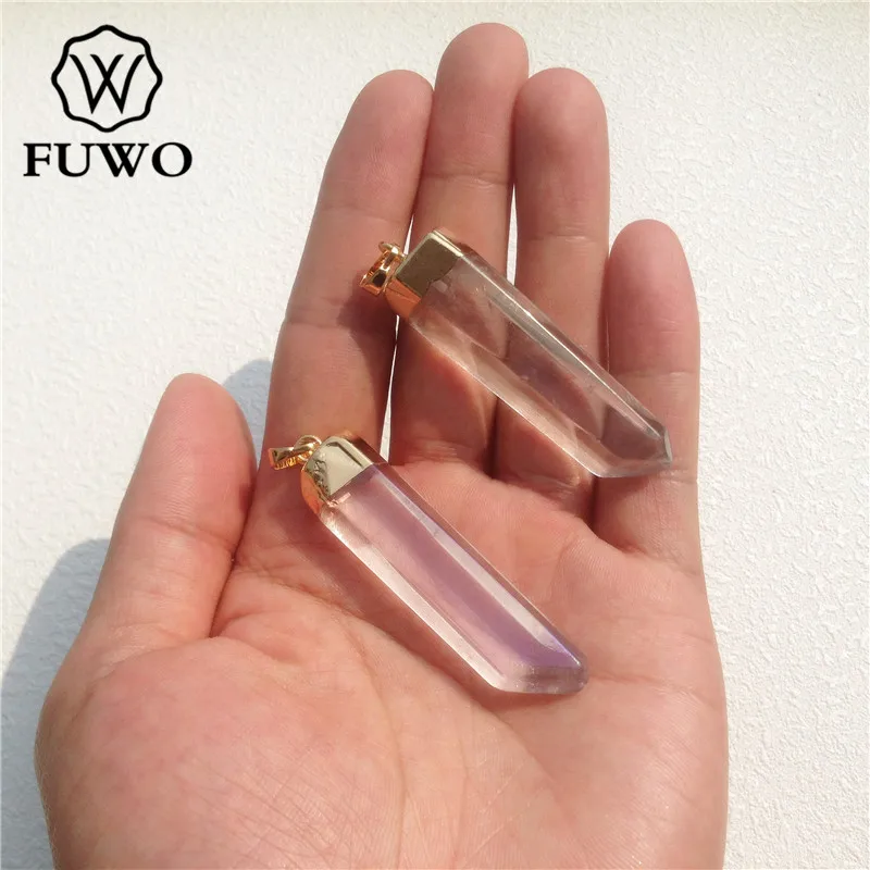 FUWO Wholesale Aura Crystal Quartz Point Pendant, Golden Plated Natural Semi-precious Stone Accessories For Jewelry Making PD074