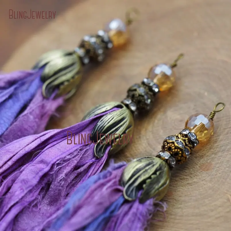 Pink Carnation Sari Silk Tassel Pendant Antique Bronze and Orange Crystal Ball Accent PM8962