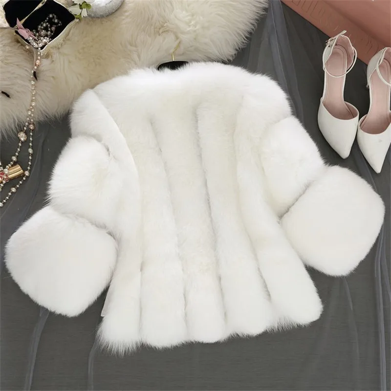 New S-4XL Winter Luxury Faux Fox Fur Coat women Slim Long Pink Red Blue Faux Fur Jacket Women Fake Fur Short Coats Female H701