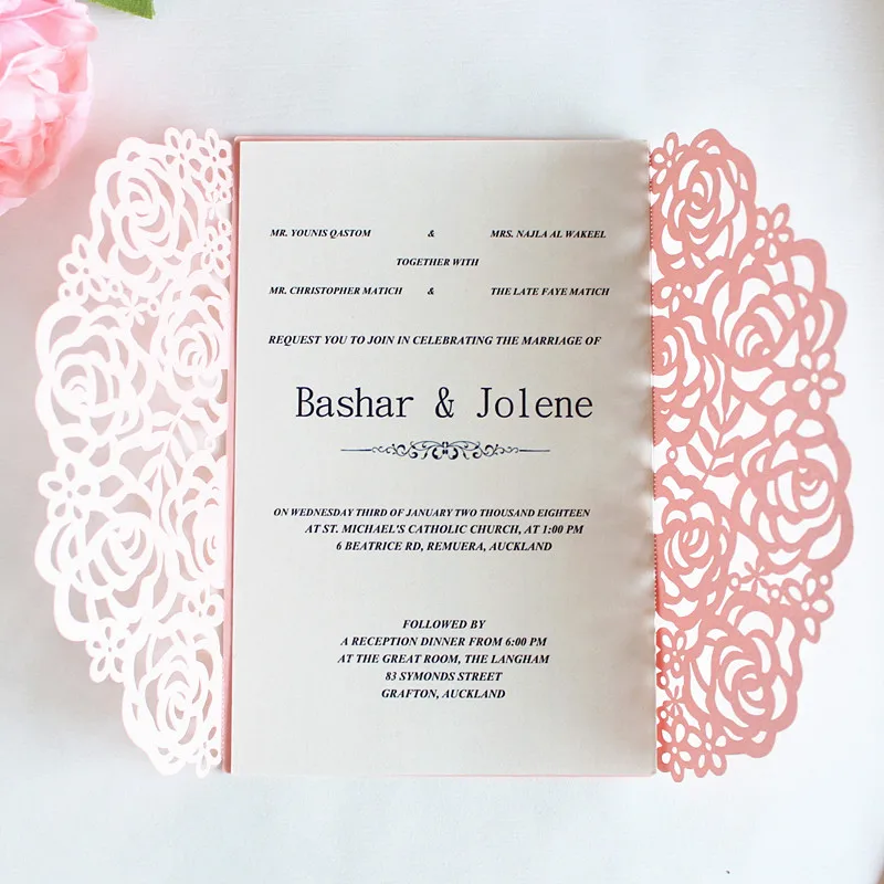 

Pink rose laser cut invitation cards for wedding engagement christening with envelop inner card romantic invites 50pcs/lot