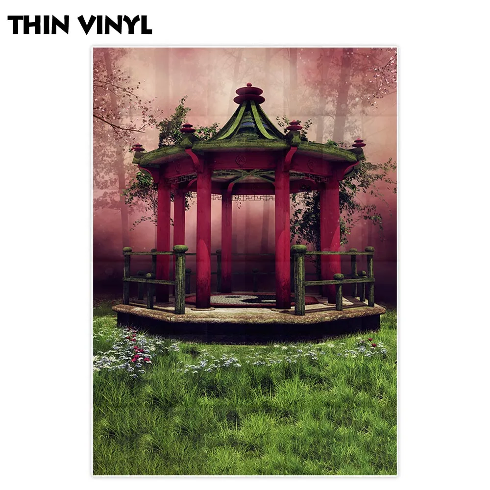 Allenjoy พื้นหลังสำหรับสตูดิโอถ่ายภาพที่มีสีสัน Oriental gazebo Orchard Blooming Cherry ต้นไม้สนามหญ้าฉากหลัง photocall