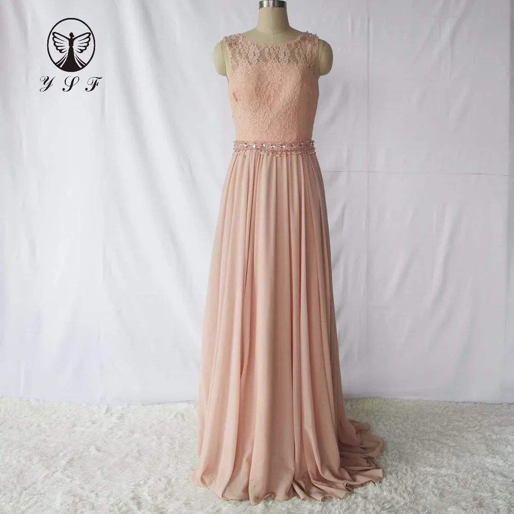 Fashion Coral Pink O Neck Beaded Stones Sashes Sleeveless A Line Sweep Train Bridesmaid Dress