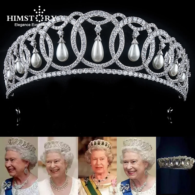 Himstory Waterdrop Pearl Cubic Zircon CZ Tiaras Crown European Royal Queen Princess Tiaras Diadema Wedding Hair Accessories