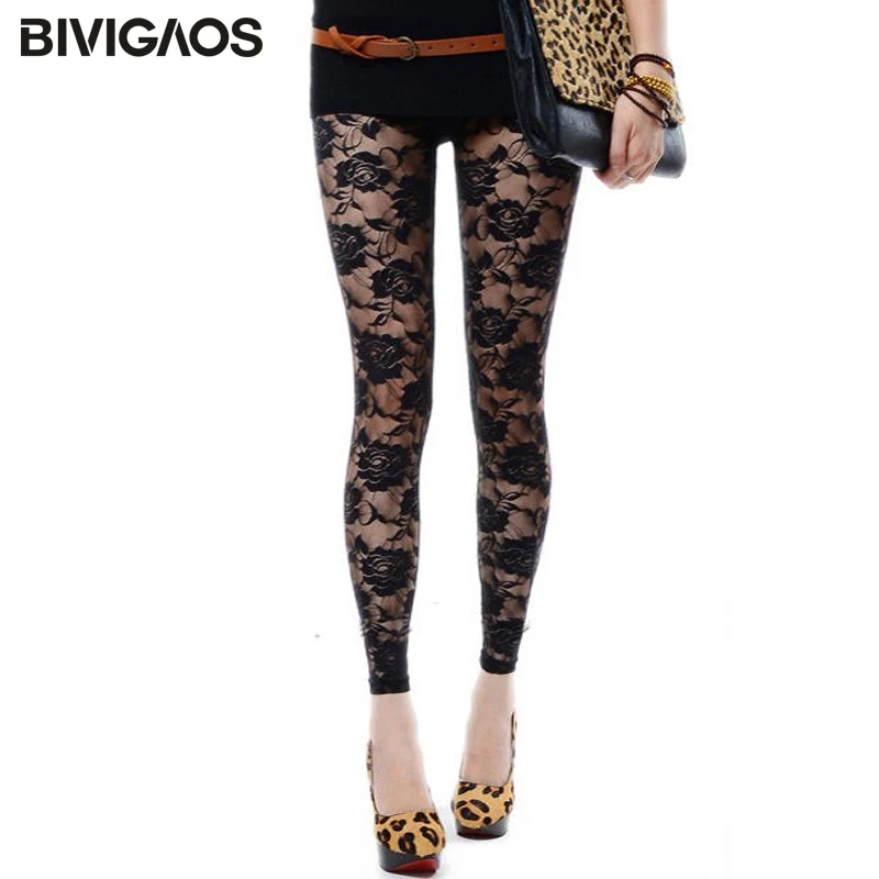 BIVIGAOS nowe letnie kobiety koronkowe róże Sexy legginsy cienkie elastyczne Rose Hollow legginsy Push Up kobiet przezroczysty czarny legginsy