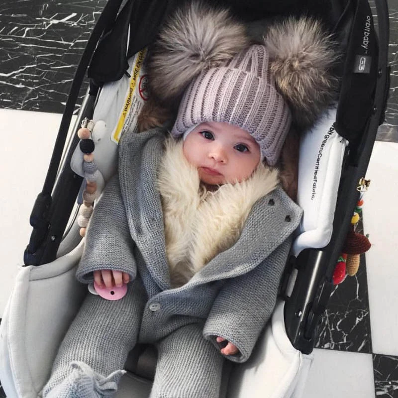 JX Watcher Winter Doppel Echtpelz Pom Pom Hut für Kinder Baby Strick mützen mit zwei Pelz Pompons Jungen Mädchen hochwertige Mütze Mütze – Detail 21