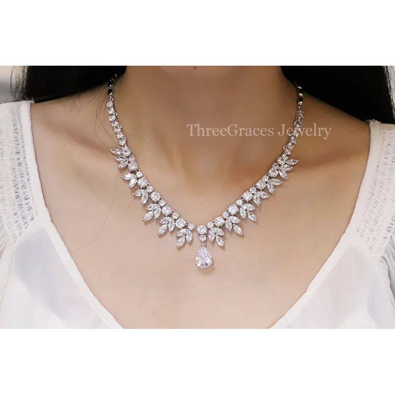 ThreeGraces Top Quality American Bridal Accessories CZ Stone Wedding Costume Necklace and Earrings Jewelry Sets For Brides JS003