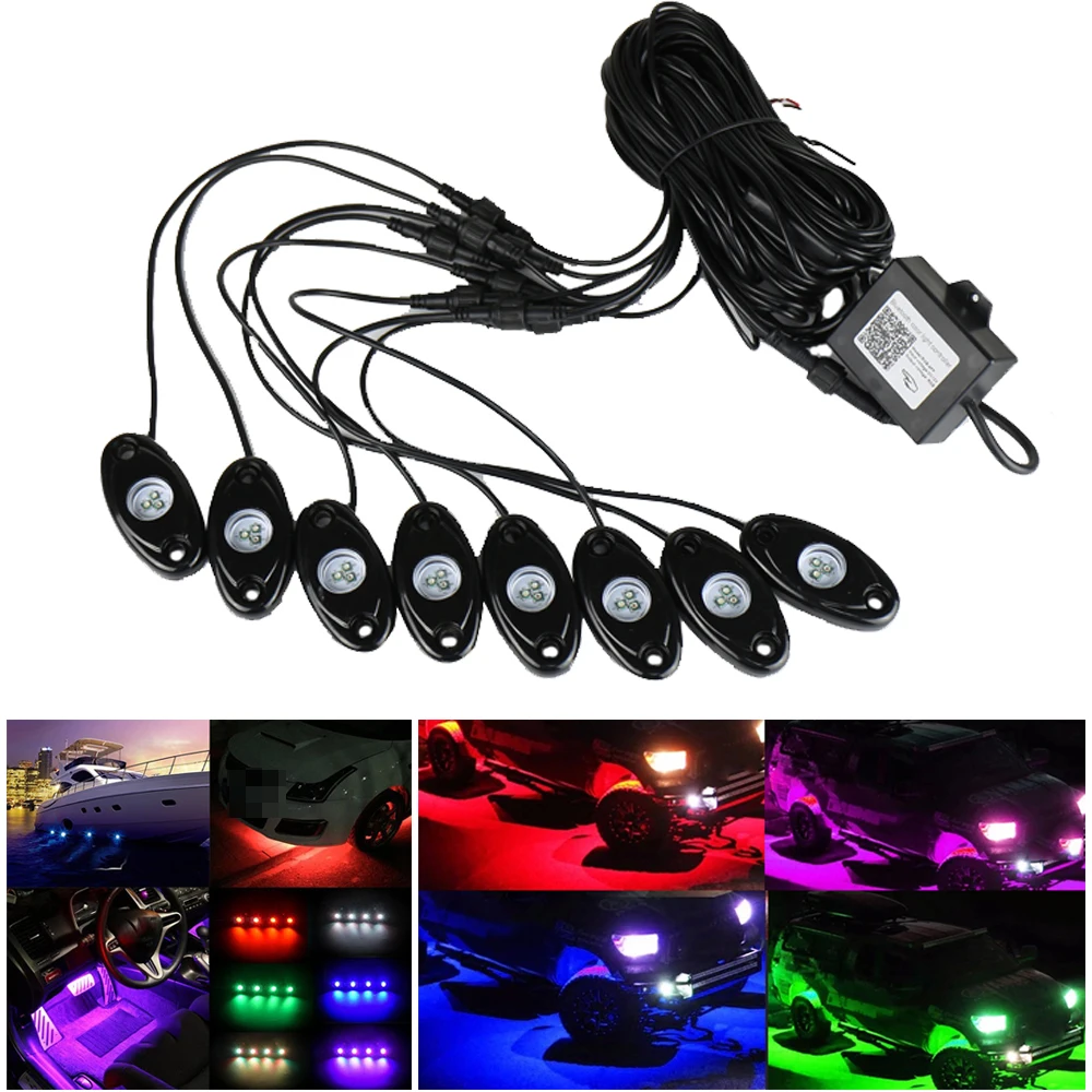 

4 8 Pods RGB LED Rock Light Underbody Lamp Trail Rig Lamp Multicolor Neon LED Light Kit Music Strobe for Truck Car ATV SUV 4X4