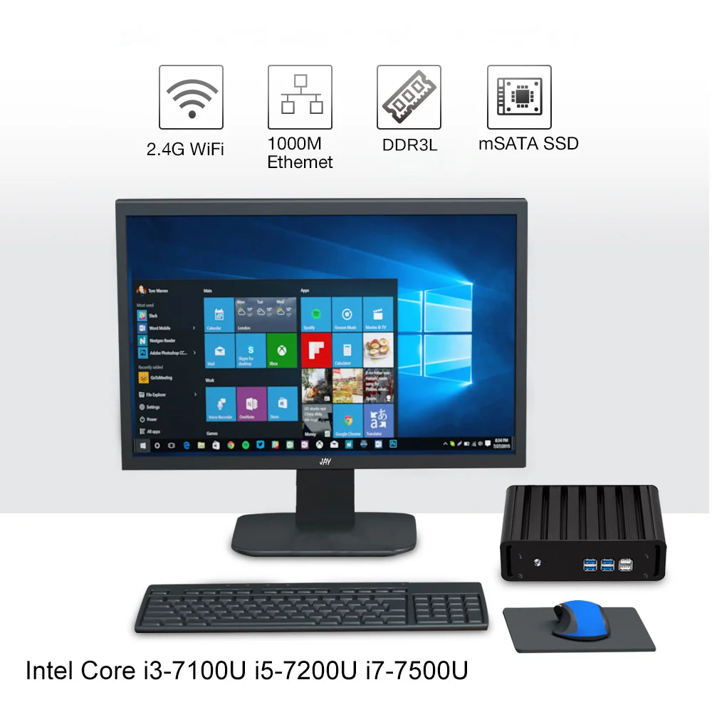 가정용 팬리스 미니 PC 인텔 코어 i7 5500U 지지대, 윈도우 7, 8/10 리눅스, 우분투, HDMI, VGA 디스플레이, 와이파이, 기가비트 이더넷, HTPC